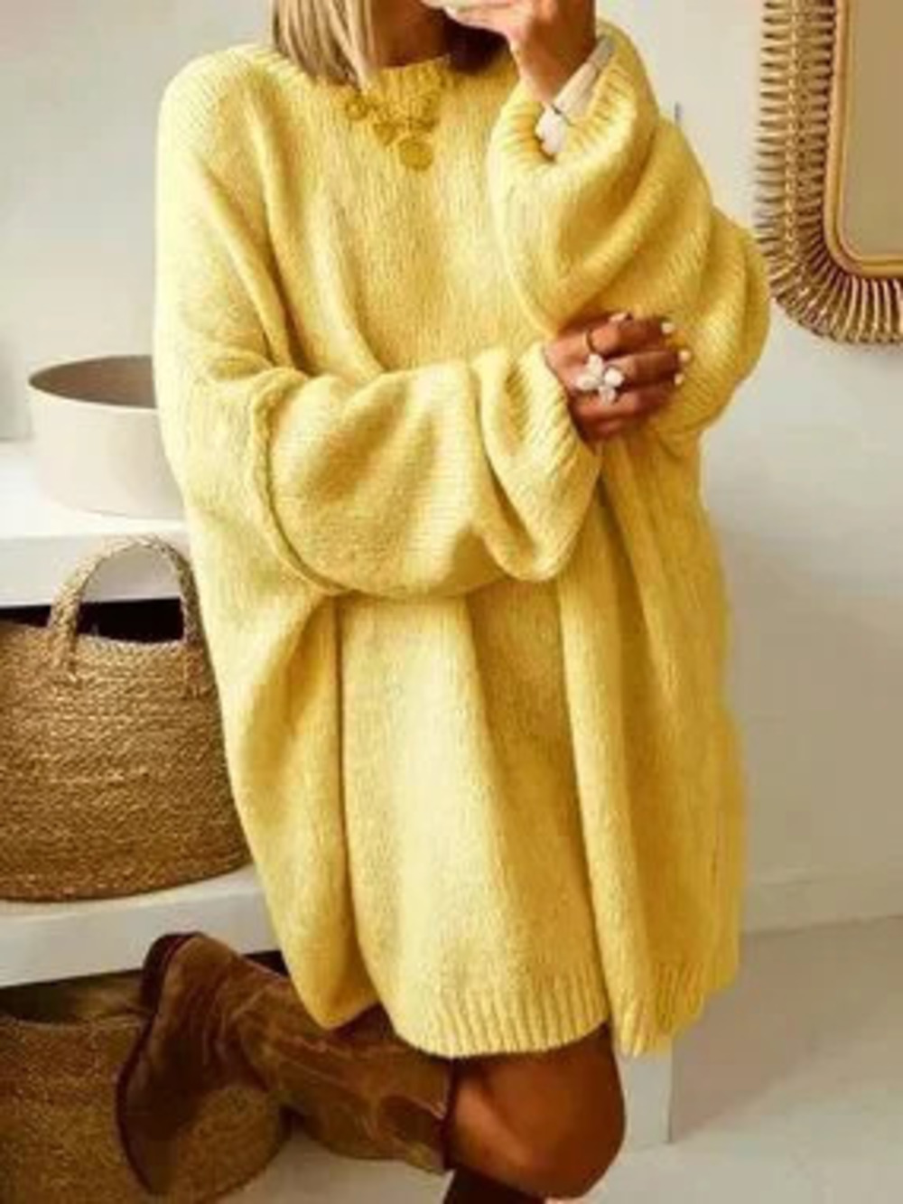 ZARA Yellow Casual Women's plus size Loose Long Sleeve Round Neck Crew Pullover